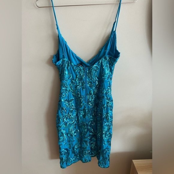 Windsor Maeve Blue Sequin Wrap Mini Dress - Picture 9 of 11